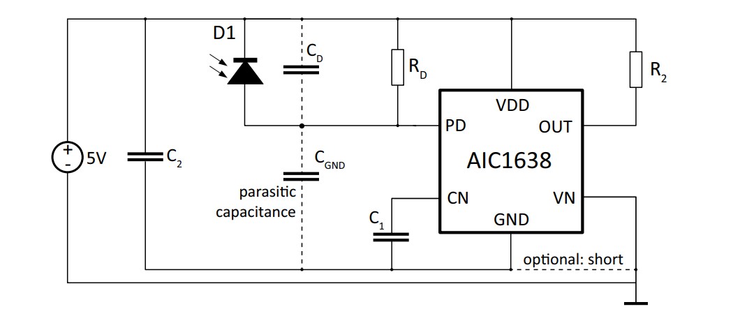 Application Circuit Diagram - Apex Microtechnology AIC1638 Photo Receiver Amplifier ICs